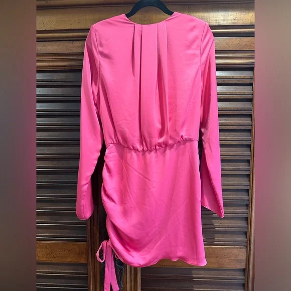 NWT RAMY BROOK Reeta Ruched Long Sleeve Satin Mini Dress Barbie Pink MEDIUM - Picture 5 of 9